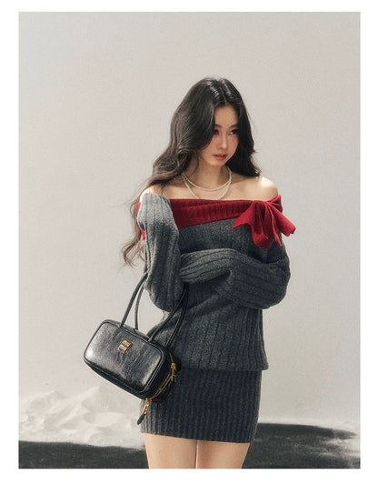 Off-Shoulder American-Style Knit Mini Dress