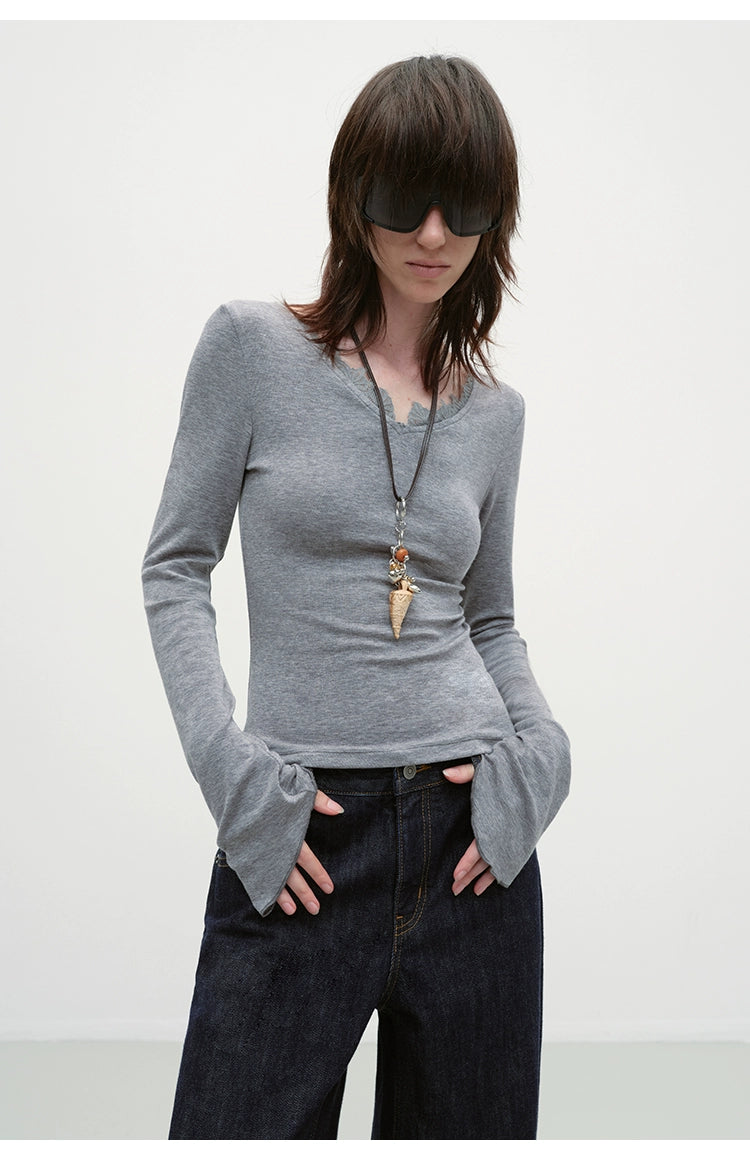 Lace V-neck Slim Long-Sleeve T-shirt