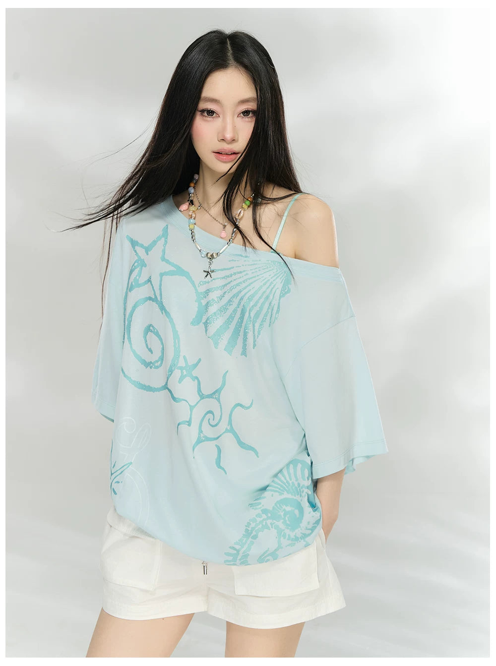 Ocean Print Asymmetric Oversized Modal T-Shirt