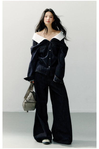 Off-Shoulder Denim Long Sleeve Shirt