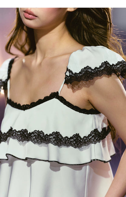 Contrast Lace Satin Off-Shoulder Camisole Top