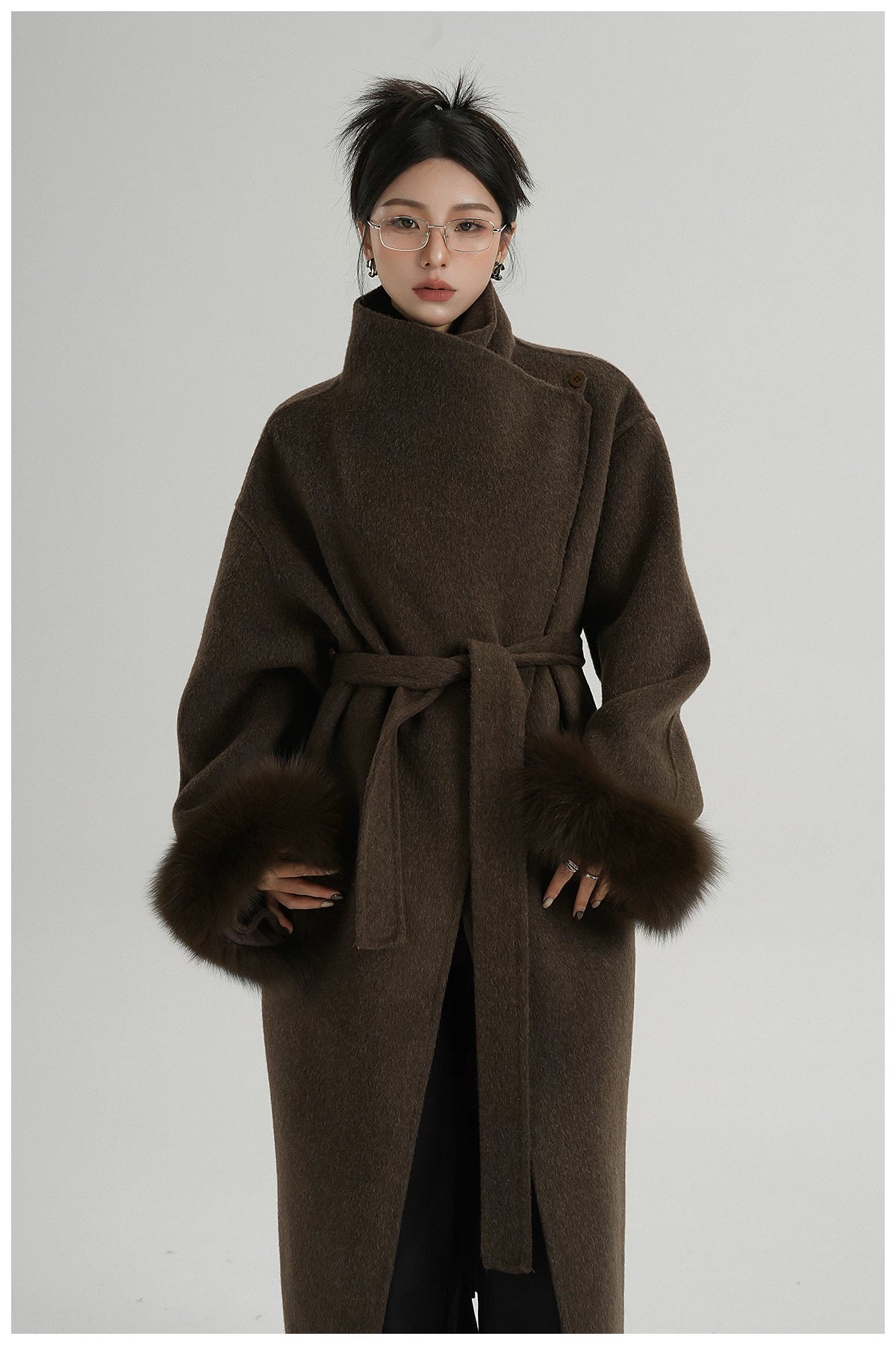 Elegant Fox-Fur Sleeve Long Wool Coat