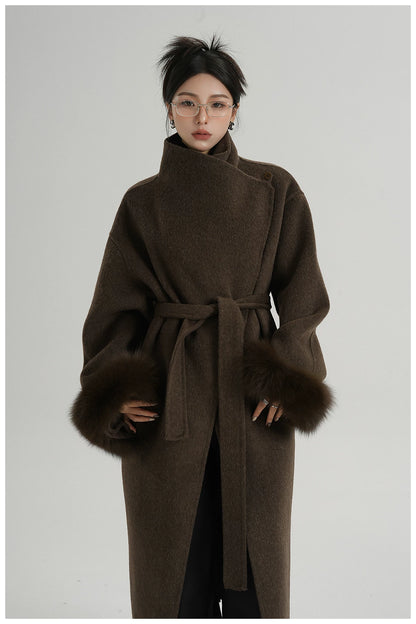 Elegant Fox-Fur Sleeve Long Wool Coat
