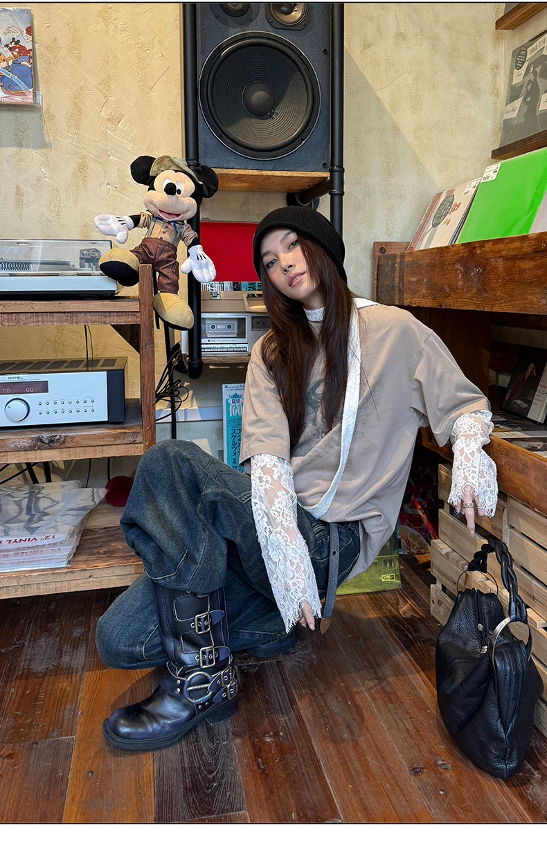 Vintage Washed Panelled Fleece-Lined Denim Pants