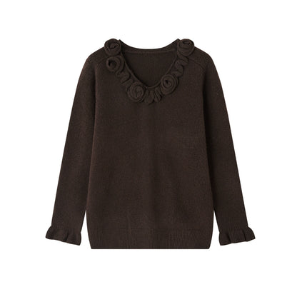 3D Rose V-Neck Knit Sweater &amp; A-Line Knit Skirt Set