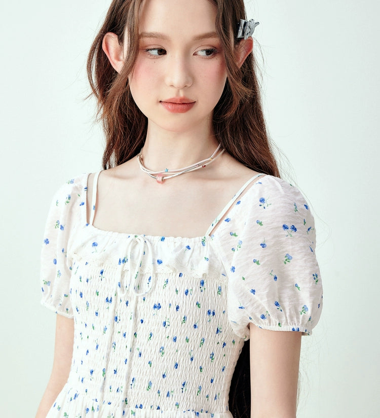 White Floral Puff Sleeve Square-neck Dress