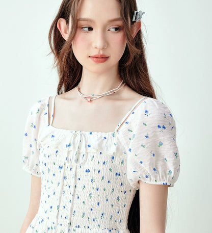 White Floral Puff Sleeve Square-neck Dress