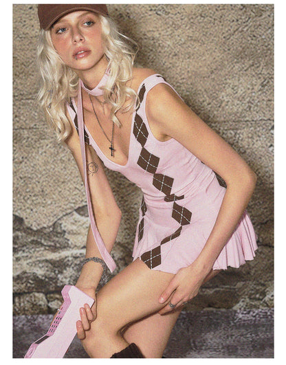 Deep V Knit Pleated Mini Dress &amp; Shorts Set