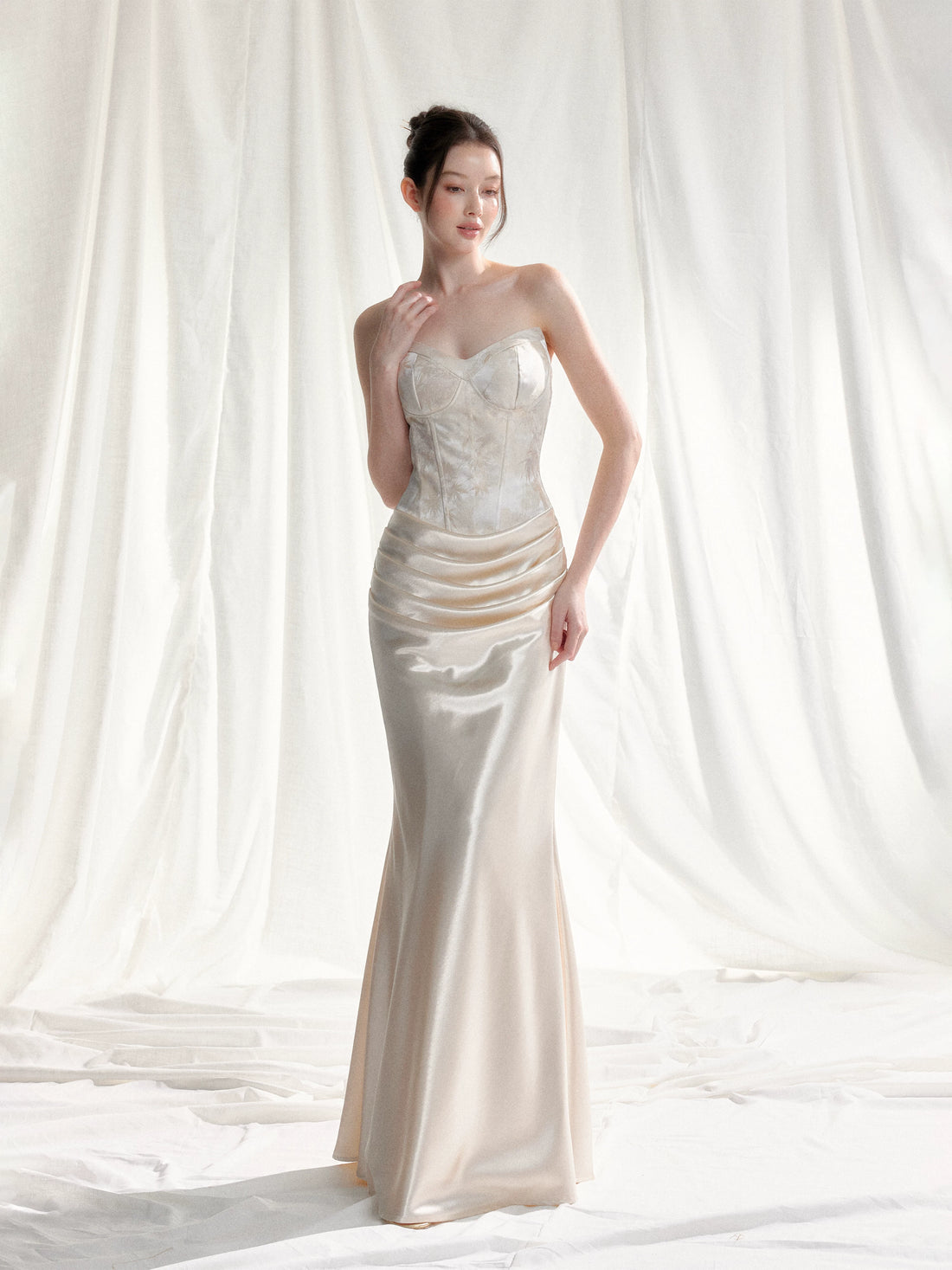 Jade Whisper Jacquard Corset Satin Evening Gown