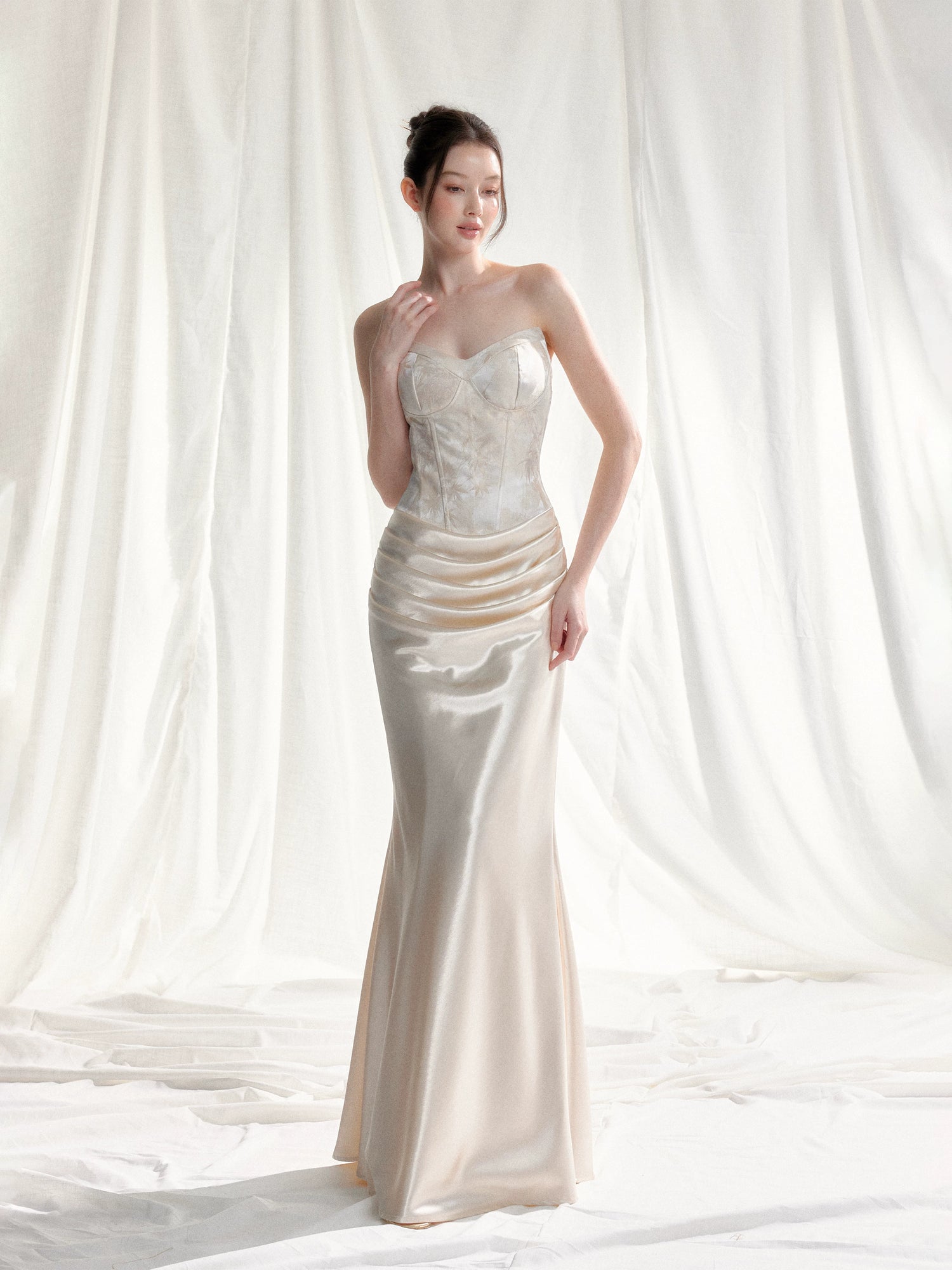 Jade Whisper Jacquard Corset Satin Evening Gown