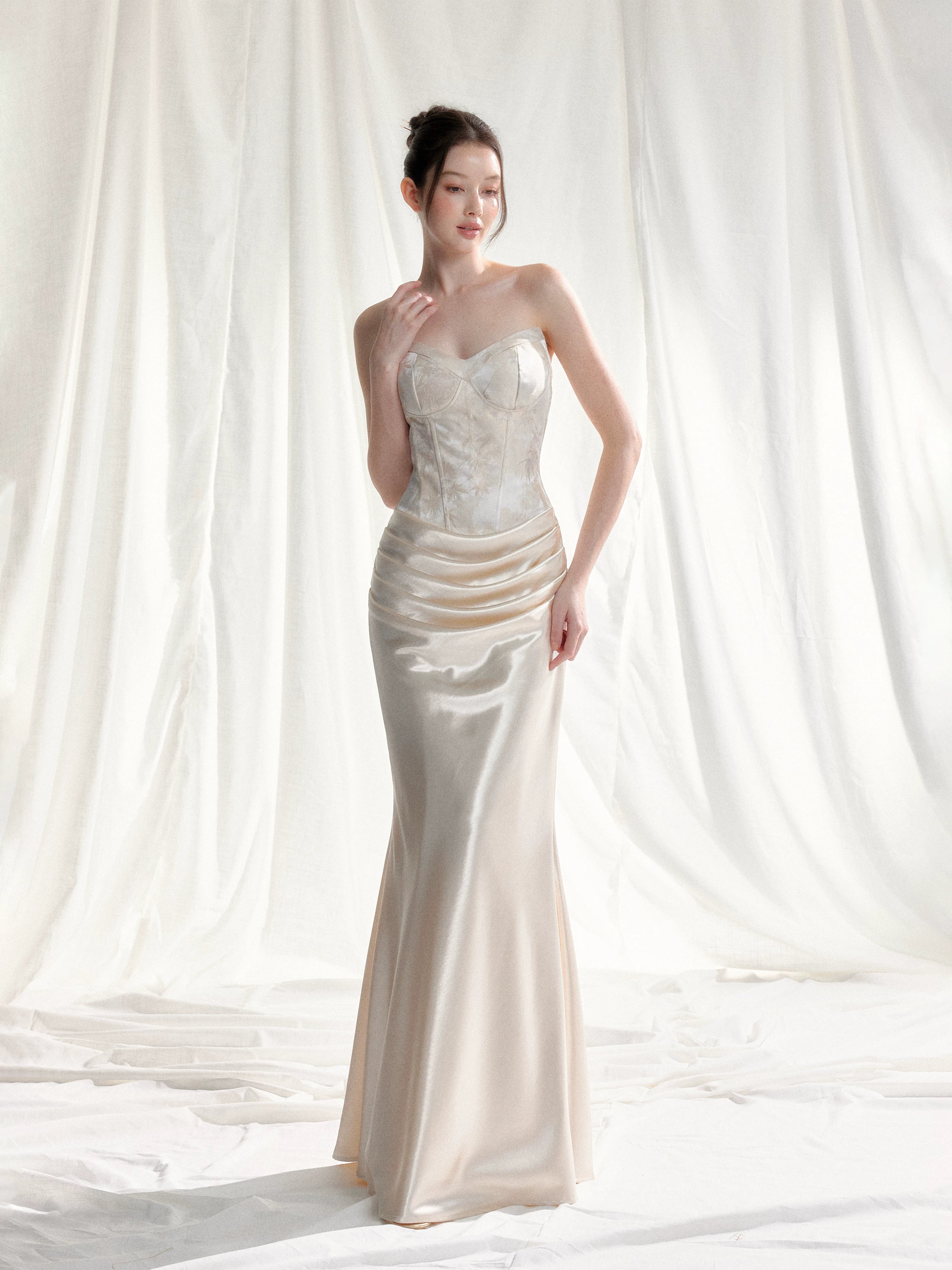Jade Whisper Jacquard Corset Satin Evening Gown