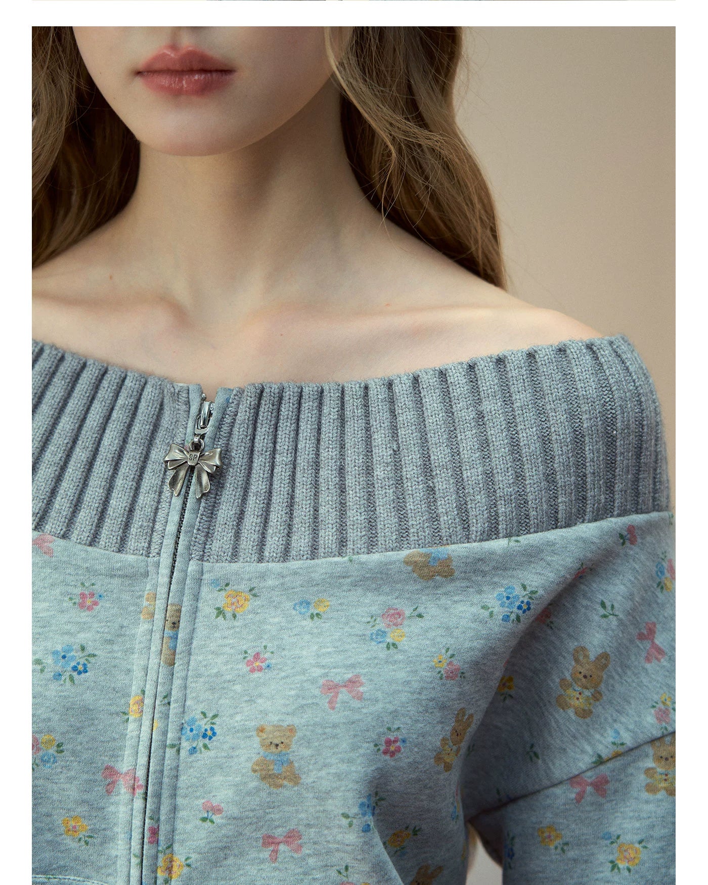 Floral Bunny Off-Shoulder Zip-up Sweatshirt