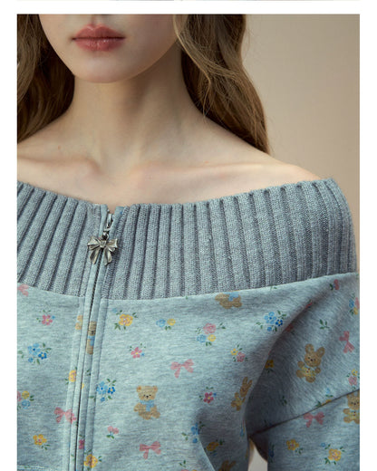 Floral Bunny Off-Shoulder Zip-up Sweatshirt