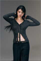 Black & Gray Ribbon Front Shimmer Wool V-neck Cardigan - CHINASQUAD