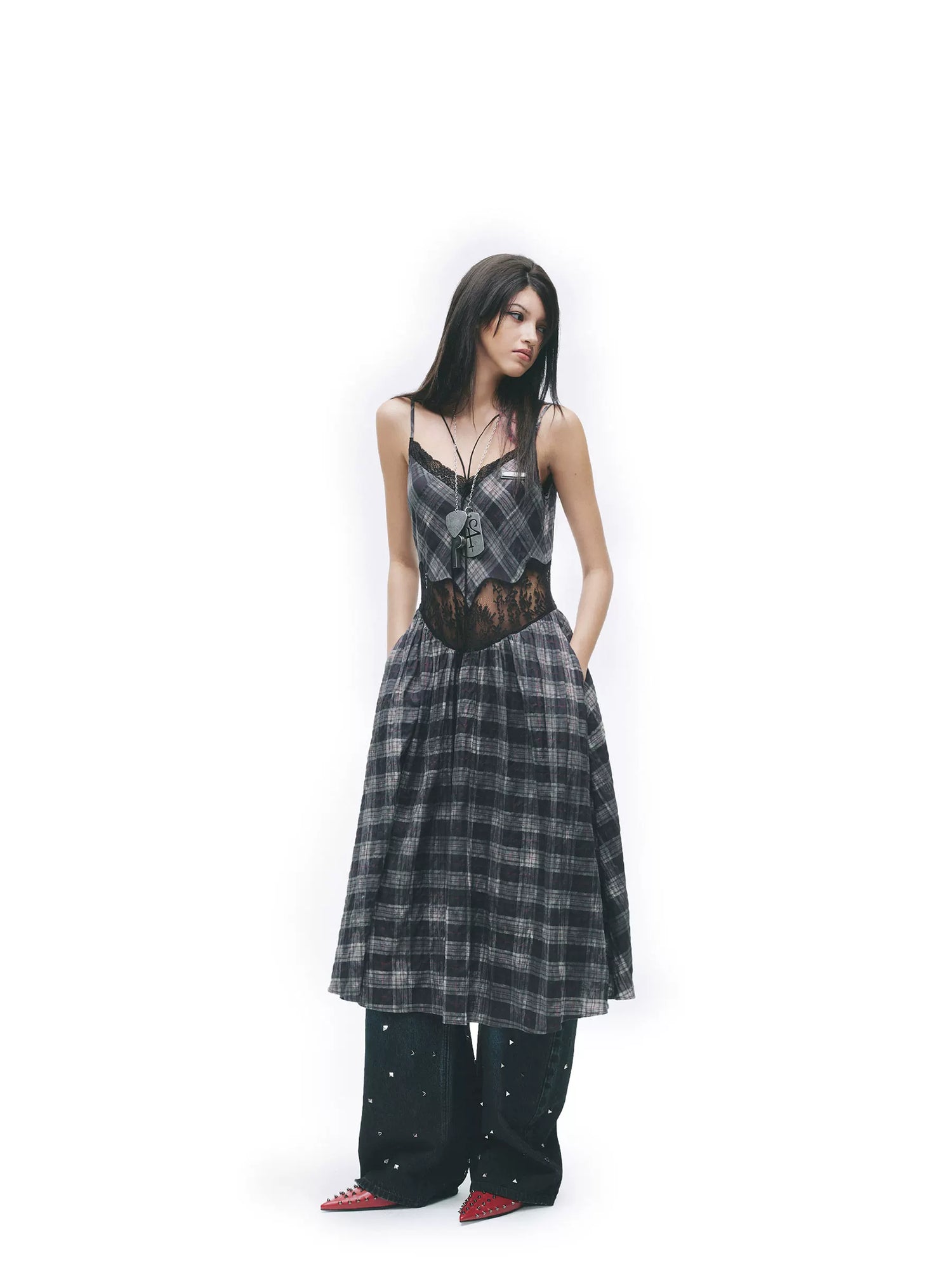 Grunge Plaid Lace Panel Slip Dress