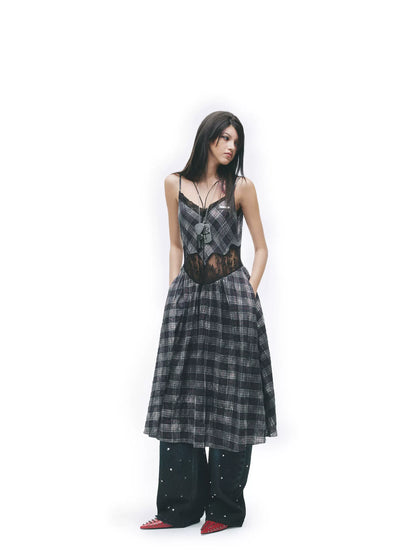 Grunge Plaid Lace Panel Slip Dress