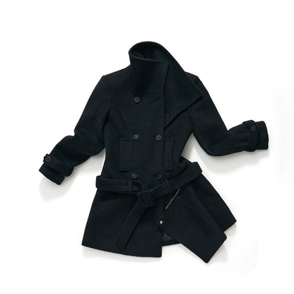 Black Wool-Blend Detachable Hem Double-Breasted Coat