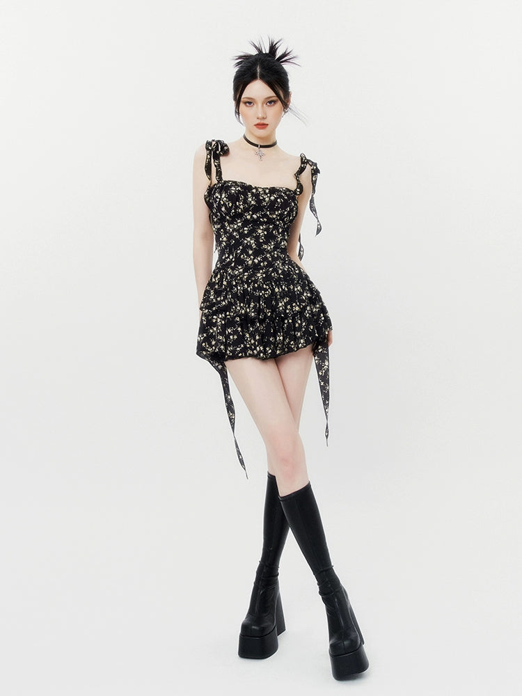 Black French Floral Waist-Cinching Dress