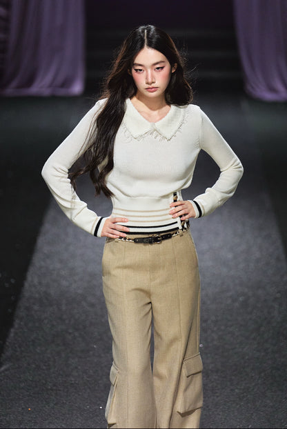 Black &amp; Gold Striped Contrast Collar Knit Sweater