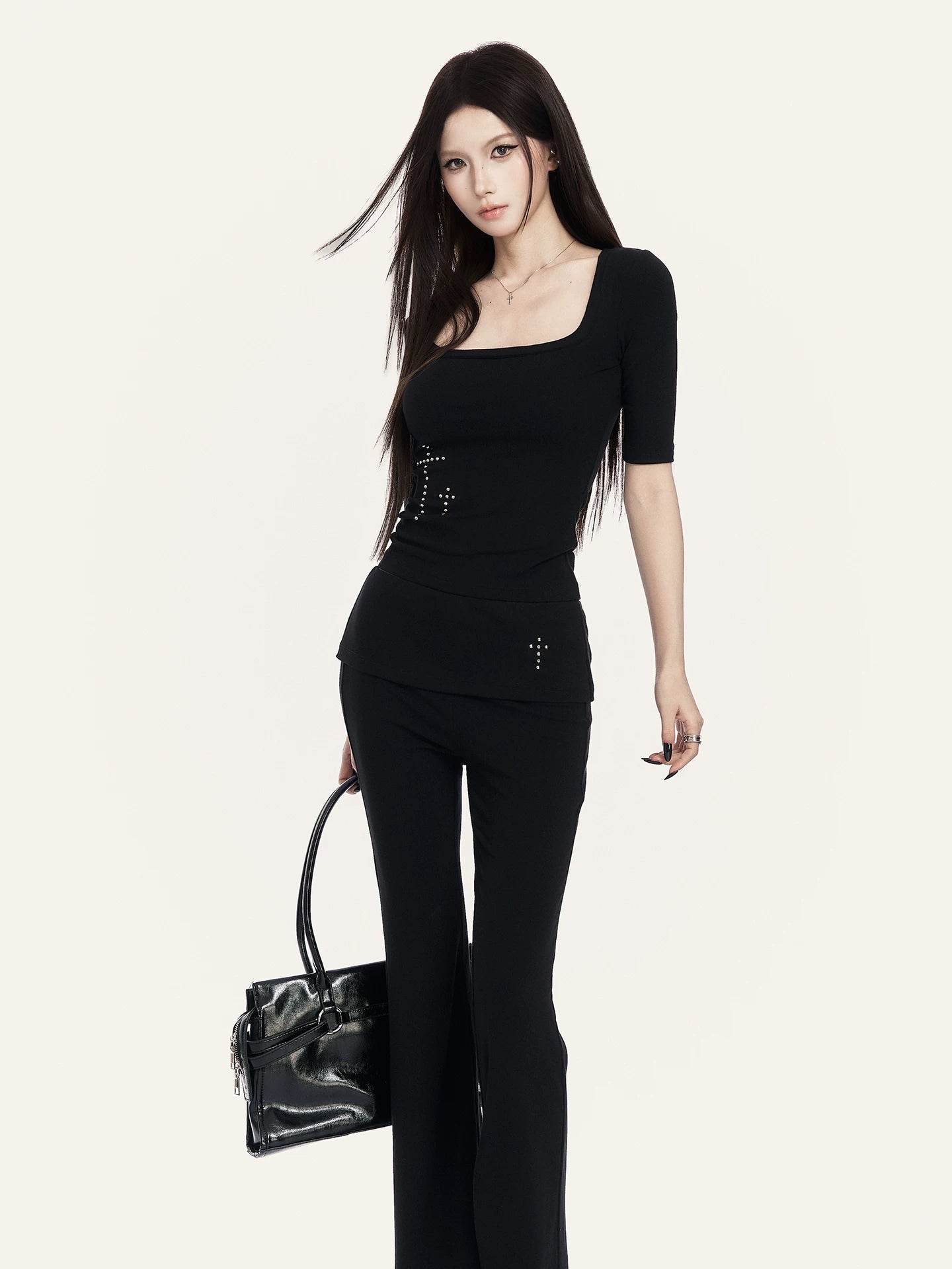Square Neck Cropped Tee &amp; Flare Pants Set