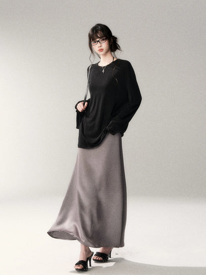 French Satin Acetate A-Line Midi Skirt