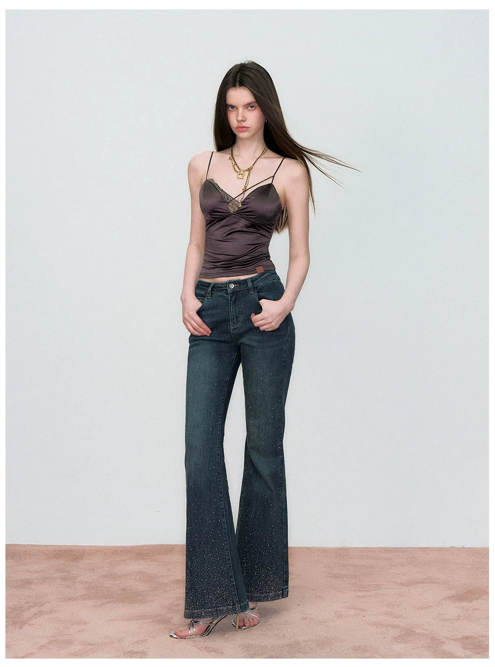 Crystal-Embellished Off-Shoulder Top &amp; Flared Denim Jeans Set