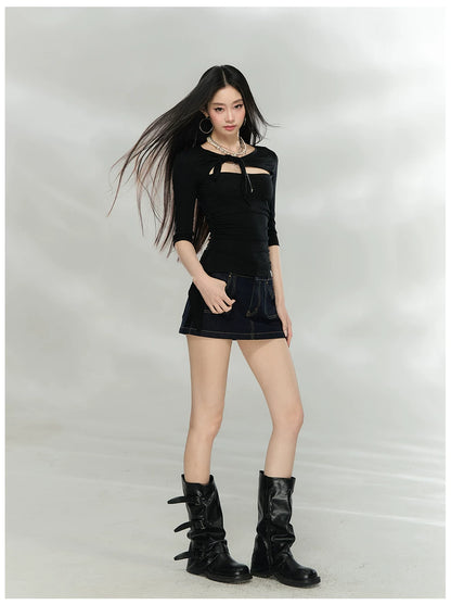 Vintage Studded Waist Denim Mini Skirt