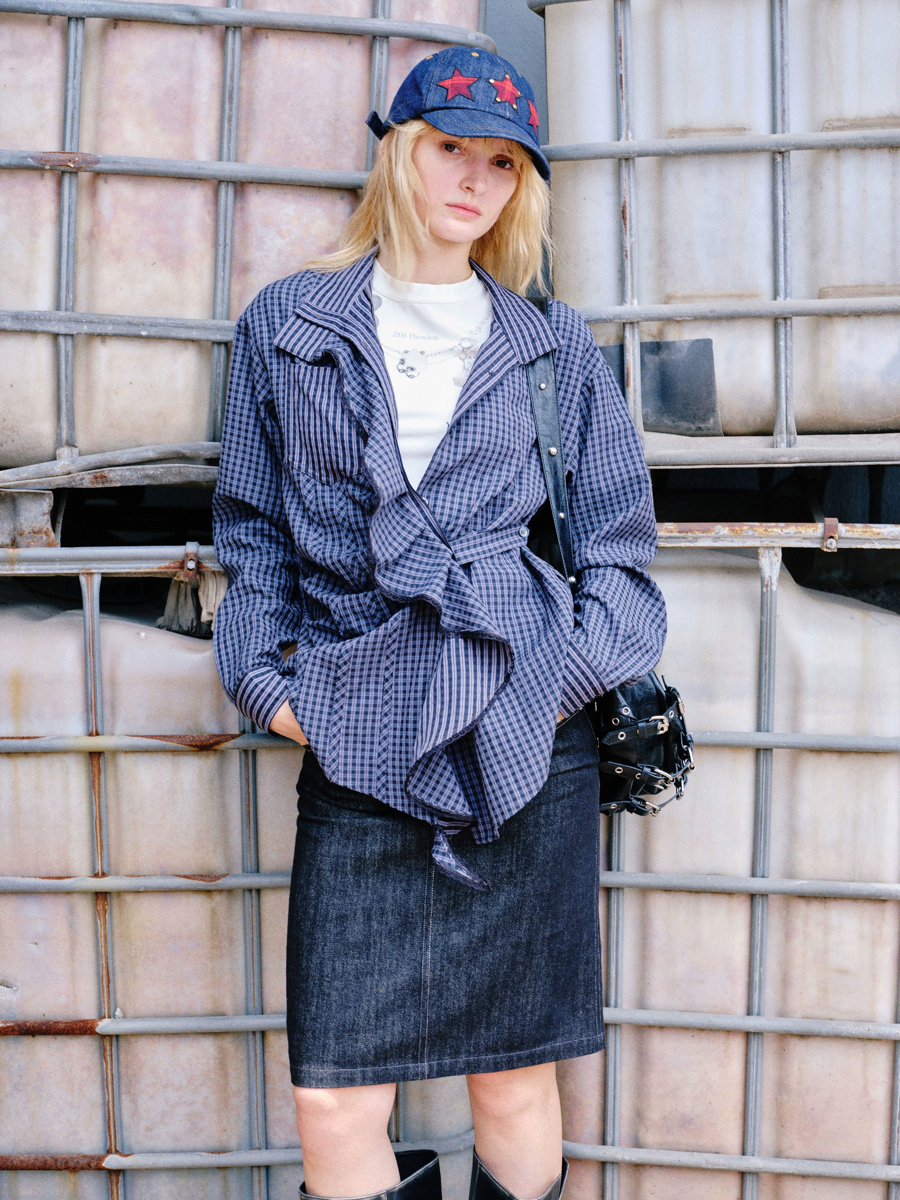 Embroidered Plaid Ruffle-Edge Shirt