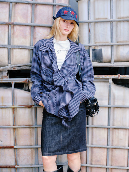 Embroidered Plaid Ruffle-Edge Shirt