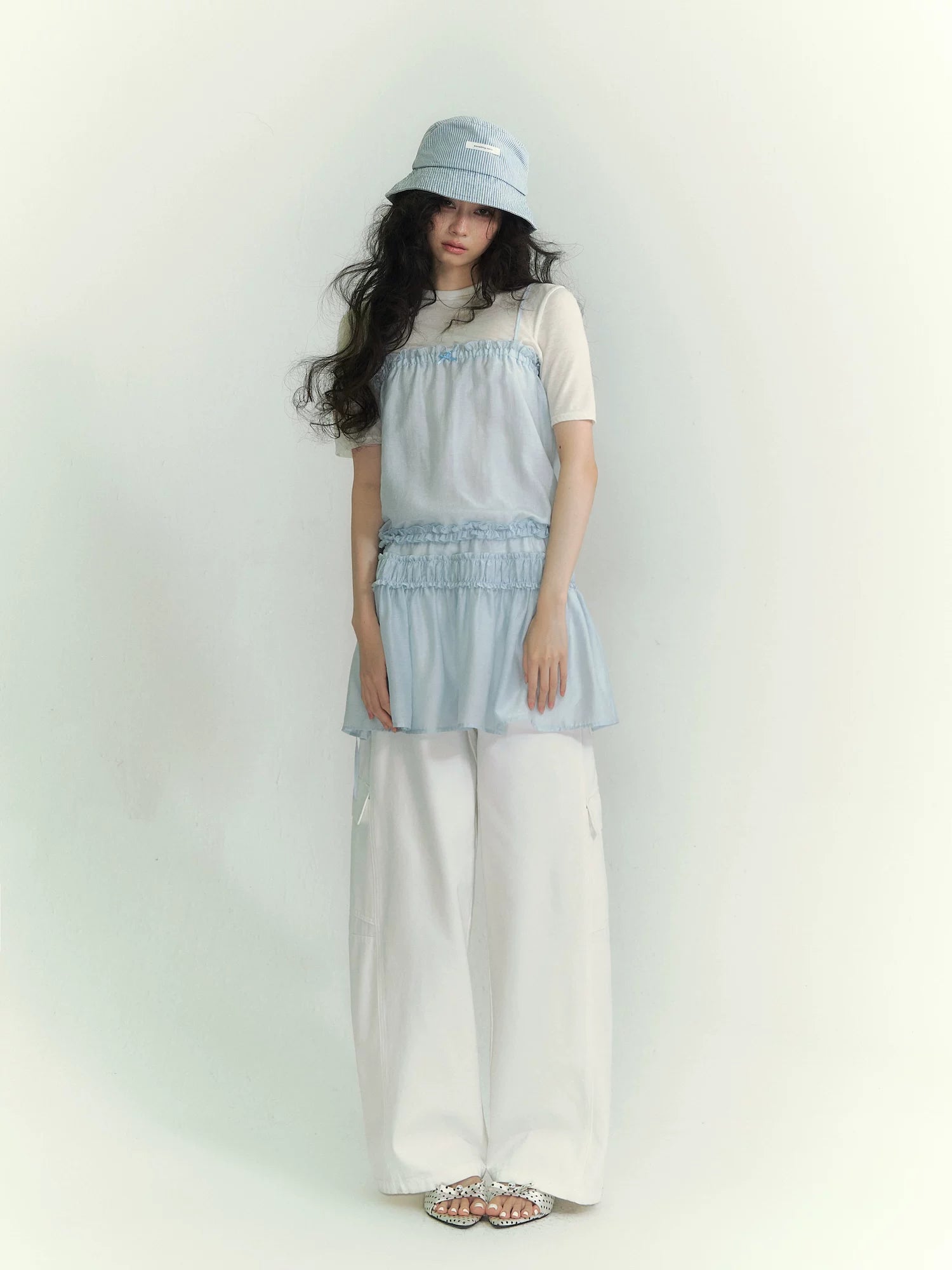 Layered Ruffle Strap Dress &amp; Sheer High-Neck Tee Set