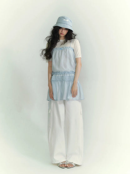 Layered Ruffle Strap Dress &amp; Sheer High-Neck Tee Set