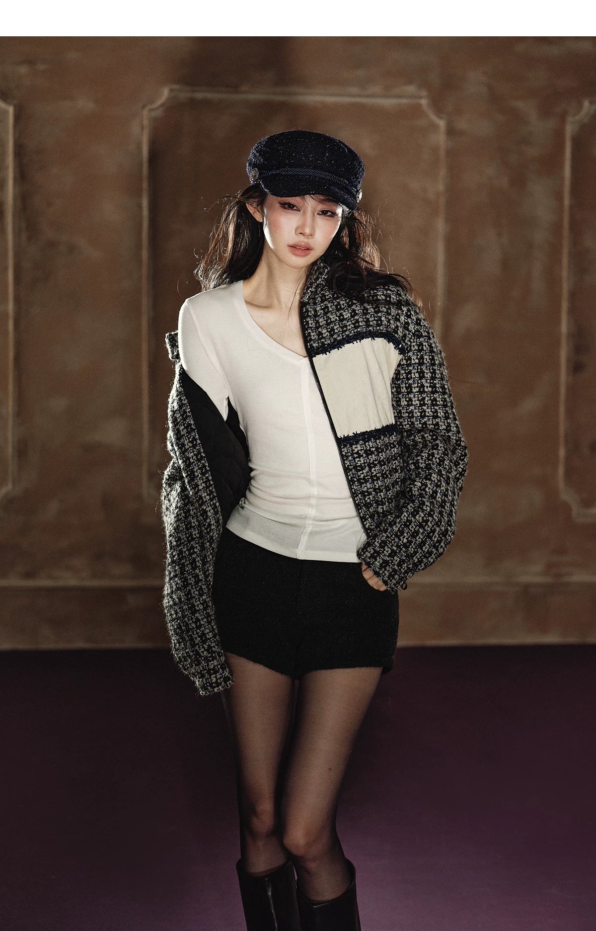 Wool-Blend Colorblock Stand Collar Padded Jacket