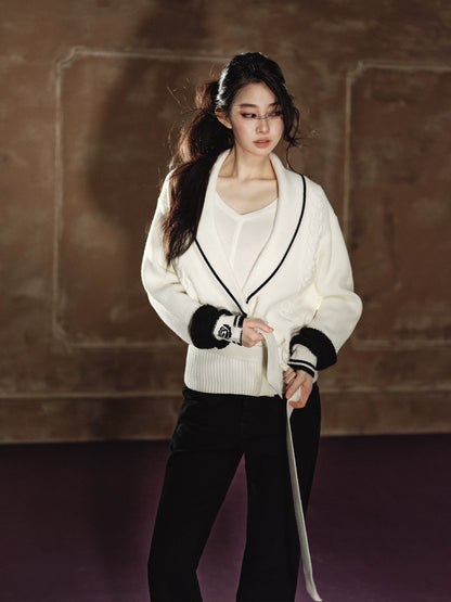 Oversized Contrast V-Neck Tie-Waist Knit Sweater