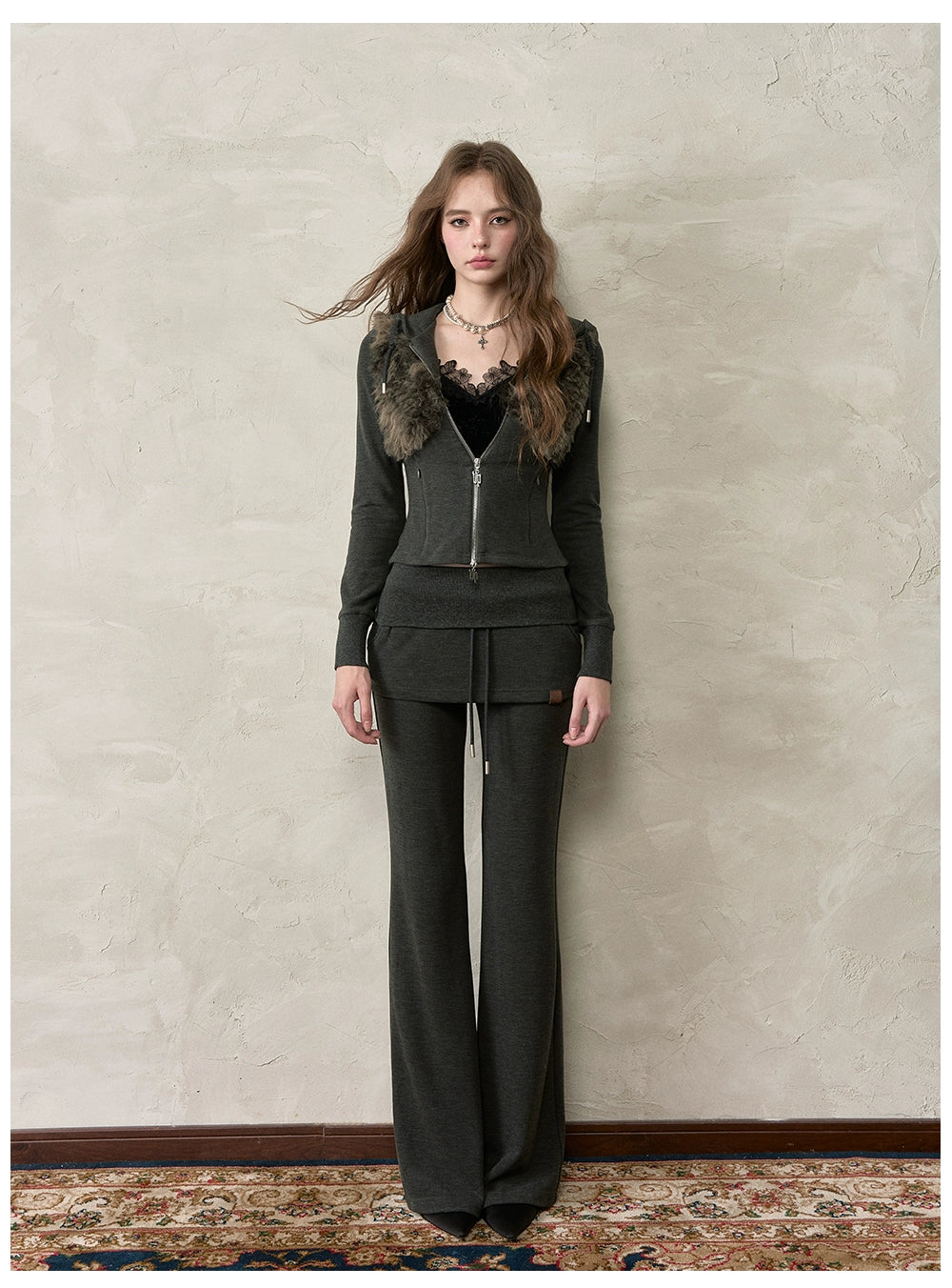 Folded Waist Spliced Skirt-Hem Sweatpants