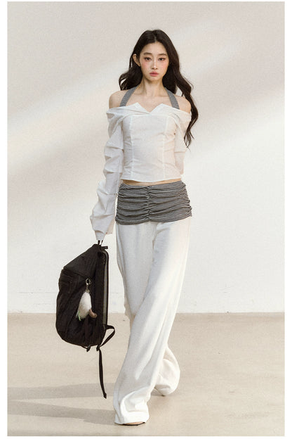 White V-Neck Off-Shoulder Cropped Blouse