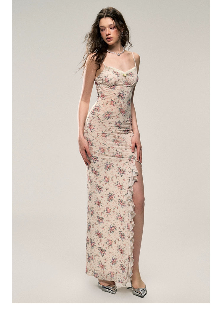 Long Floral Skirt with Waist-cinching and High Slit