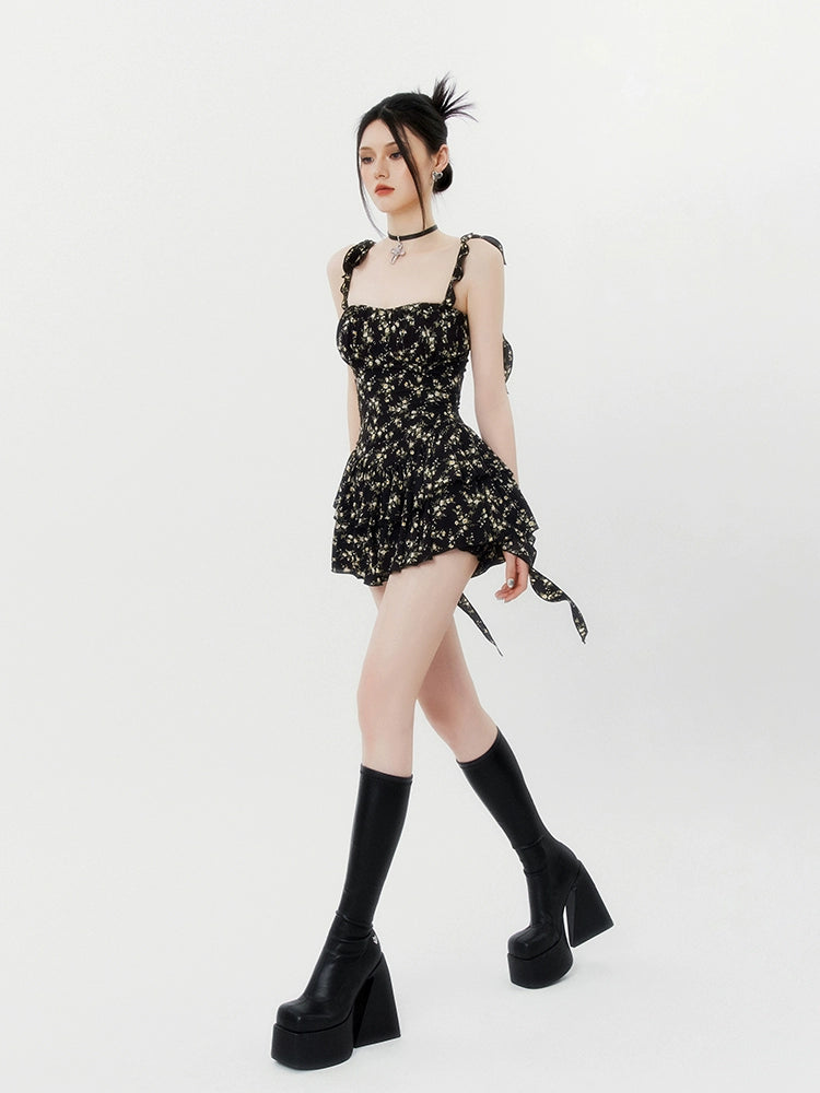 Black French Floral Waist-Cinching Dress