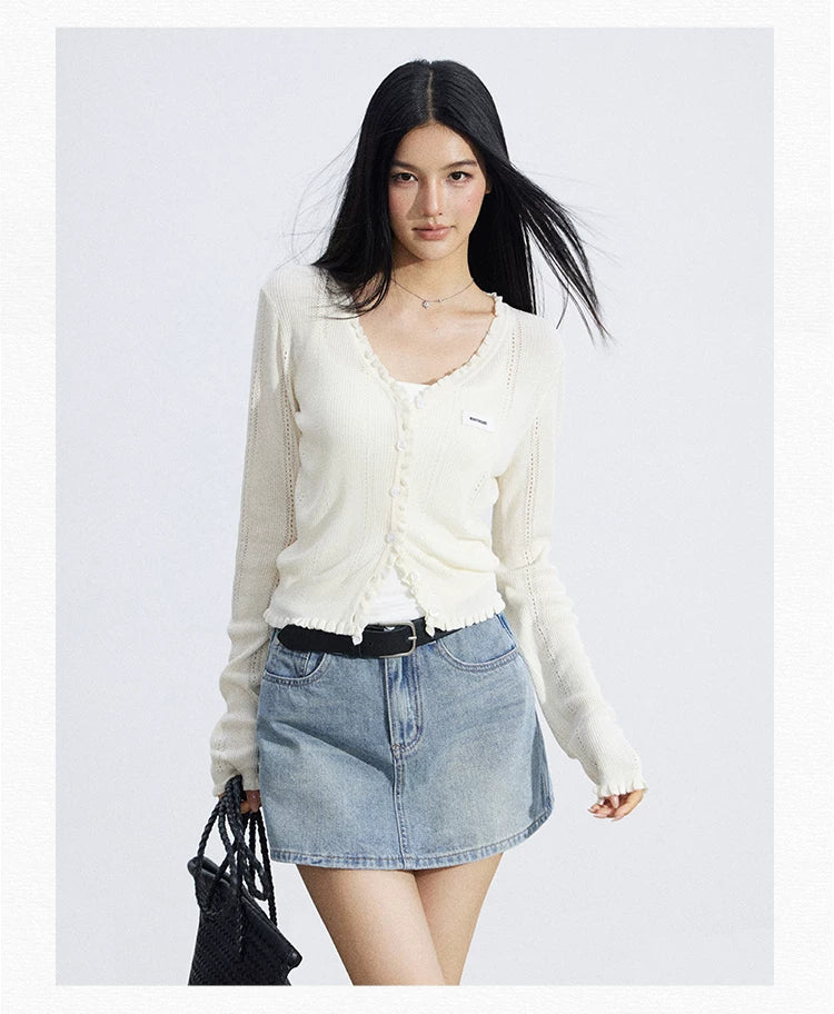 Sheer Lace-Trim Breathable Knit Sun Protection Cardigan