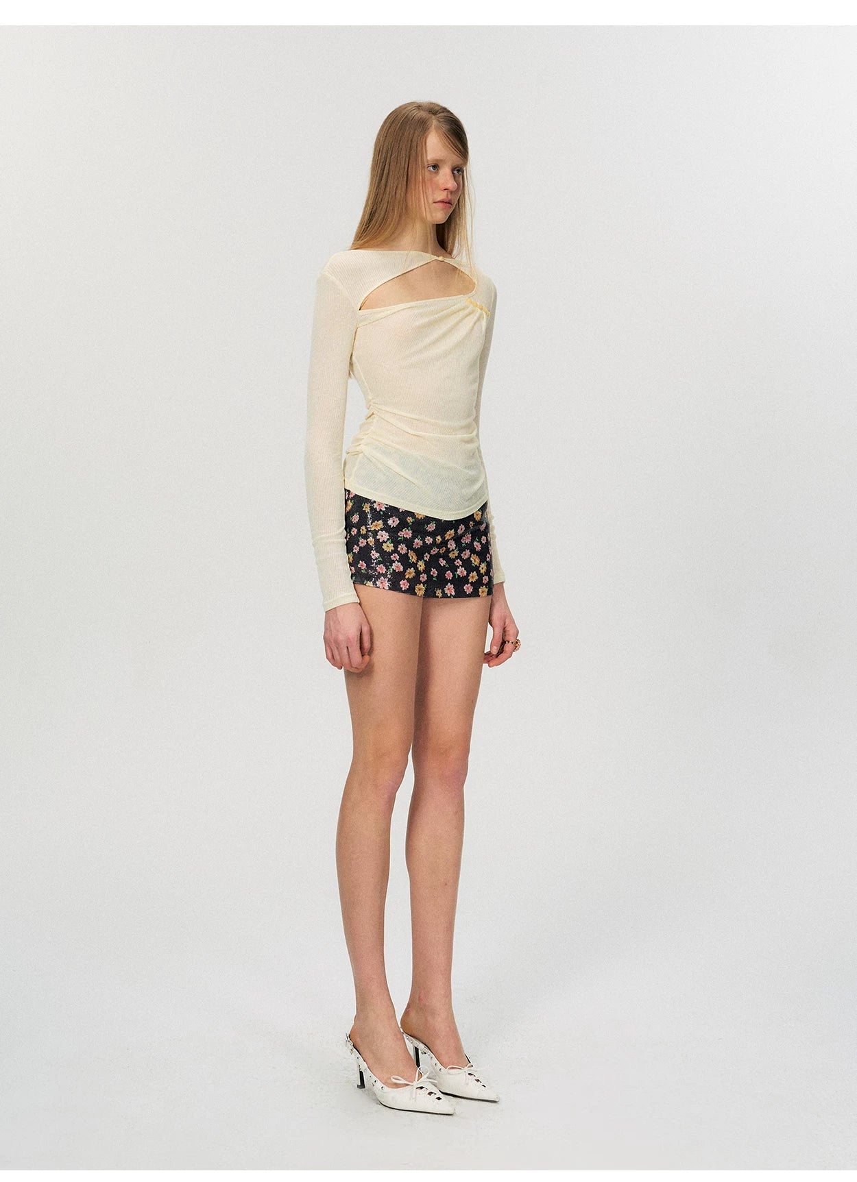 Sheer Textured Cut-Out Long Sleeve Top