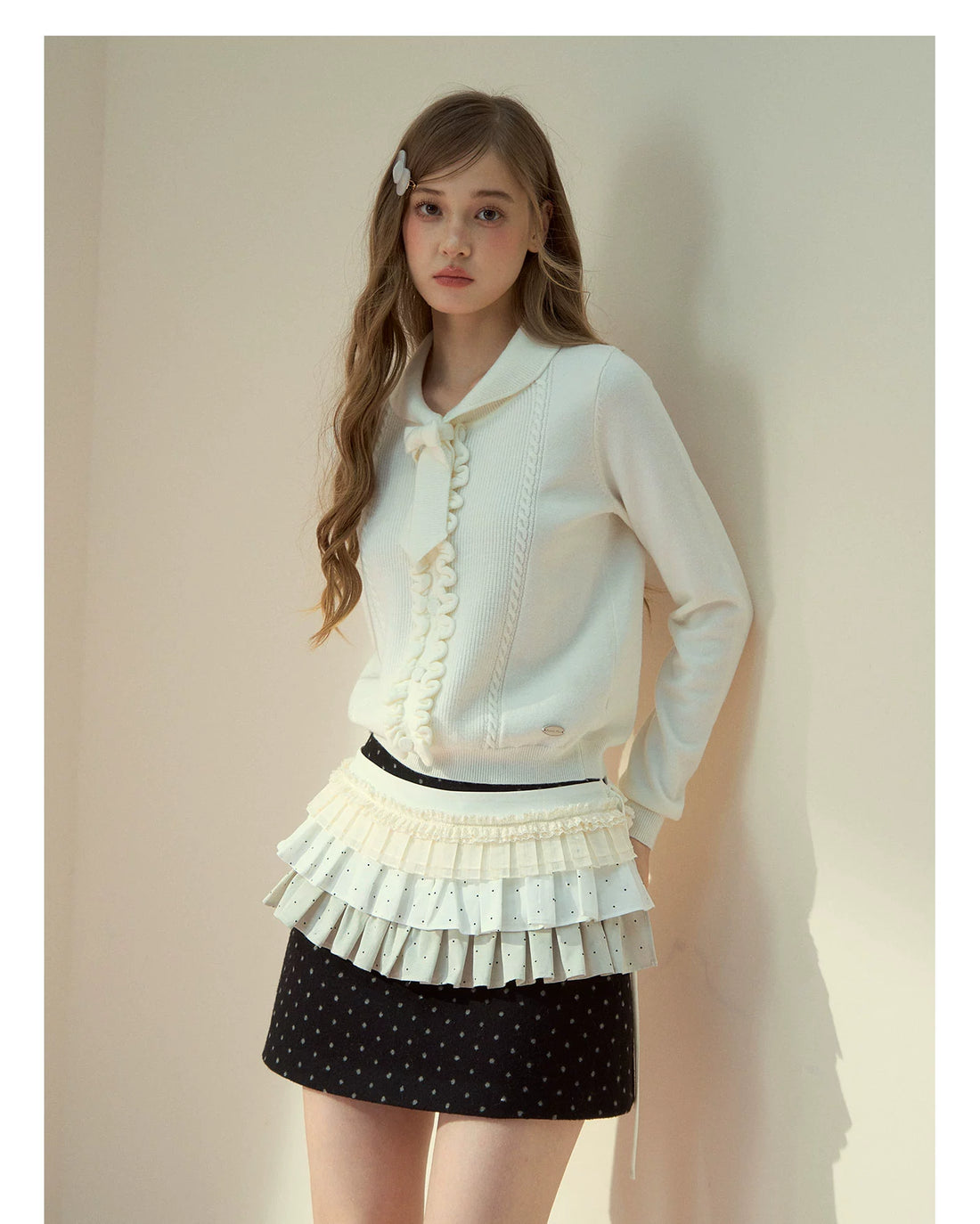 Ruffle Trim Bow Wool Sweater