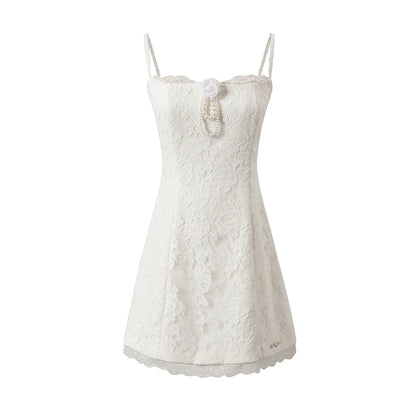 White Lace &amp; Pearl Spaghetti Strap Dress