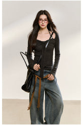 Gray Beaded Halter Bow-Knot Fitted Knit Blouse - CHINASQUAD