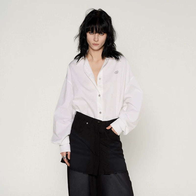 Washed Patchwork Faux Two-Piece Shirt Dress