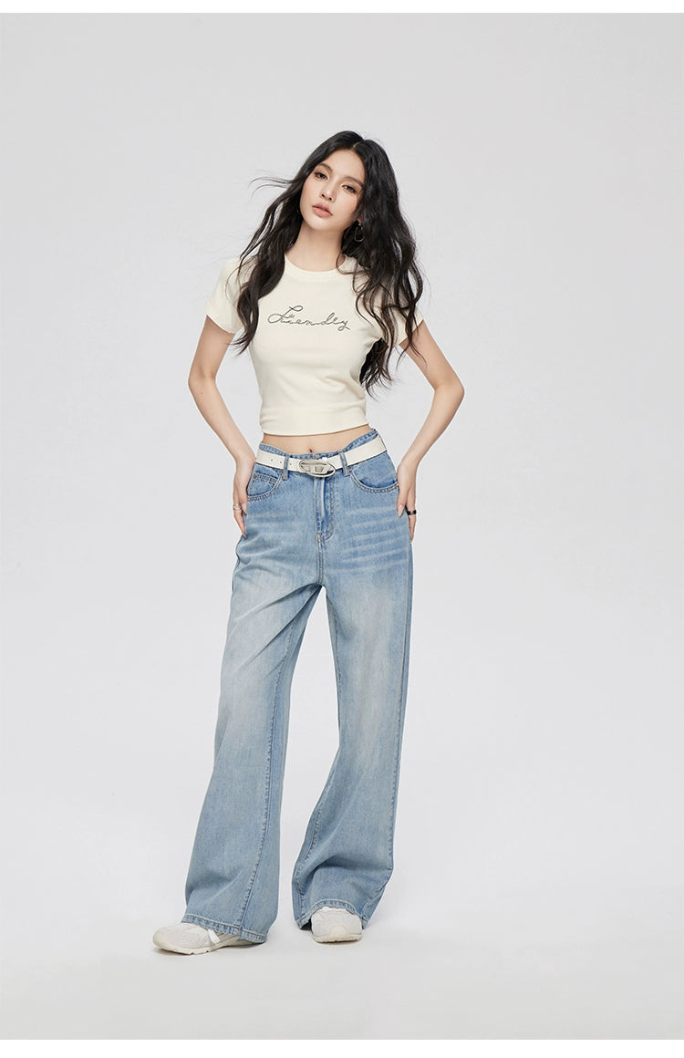 Blue Lyocell Tencel Jeans Wide-Leg Pants