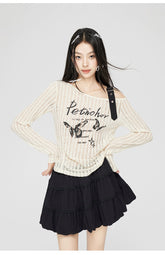 Gray & Beige Hollow Off-shoulder Long Sleeve T-shirt - CHINASQUAD