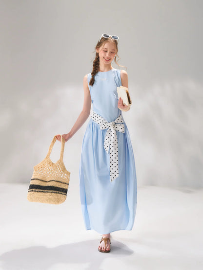 Polka-Dot Tie-Waist Sleeveless Midi Dress