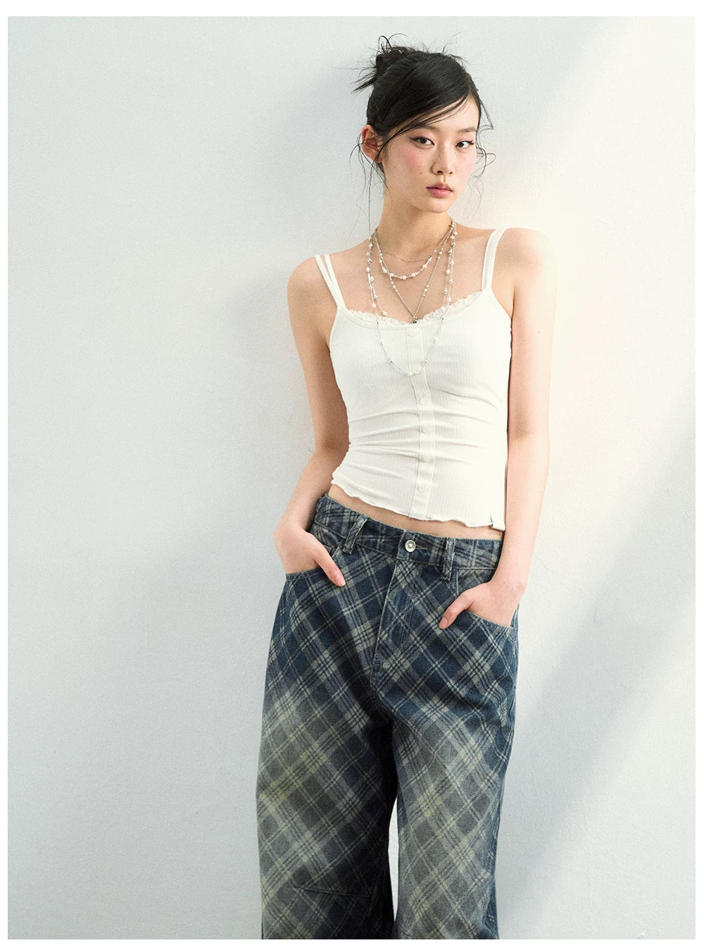 Vintage Washed Plaid Denim Pants
