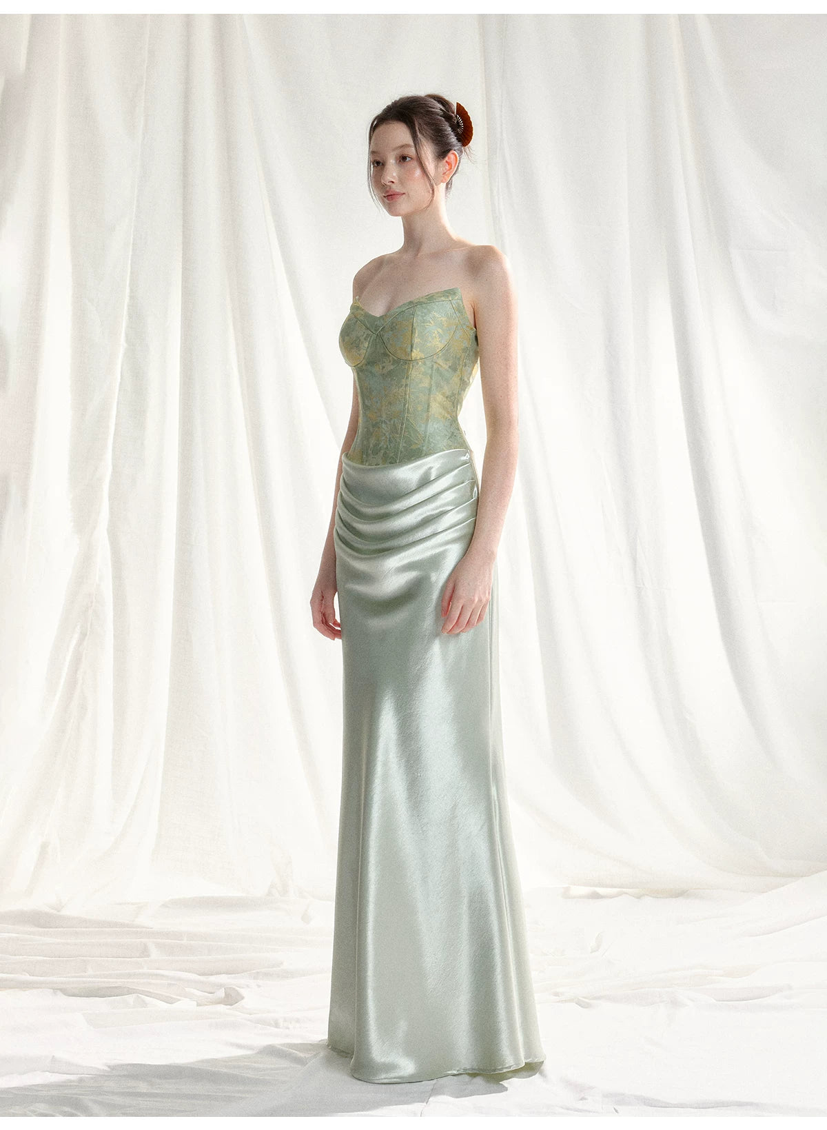 Jade Whisper Jacquard Corset Satin Evening Gown