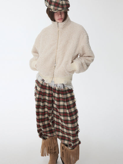 Distressed Fleece Zip-Up Cropped Jacket