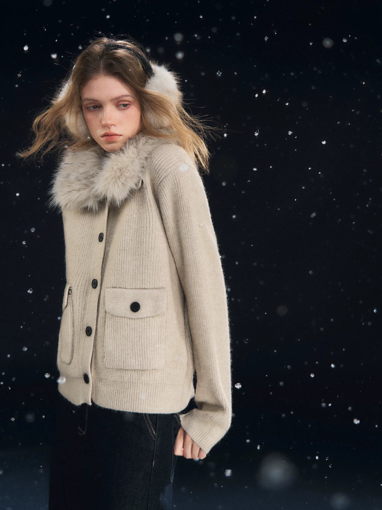 Detachable Fur Collar Ribbed Cardigan